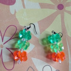 Vibrant Green and Orange Beaded Earrings